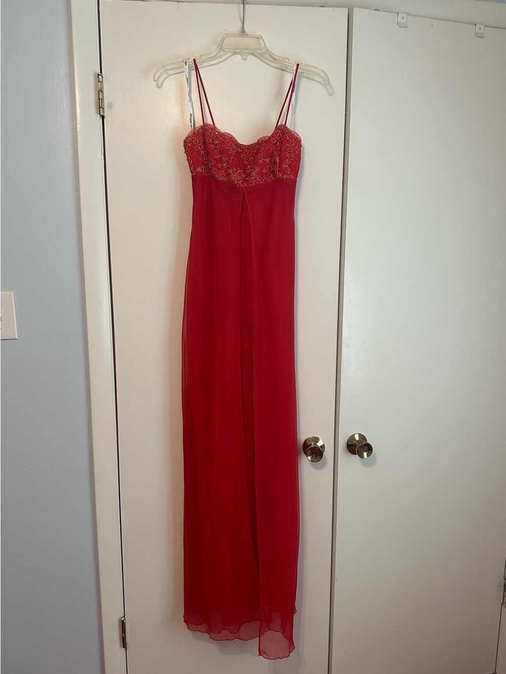 Morgan & Co. Red Beaded Spaghetti-Strap Prom Gown